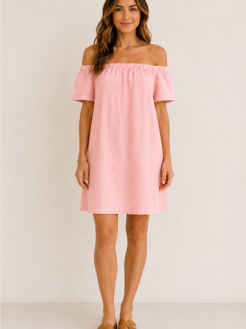 Neiman Marcus Pink Linen Off Shoulder Dress Size Large